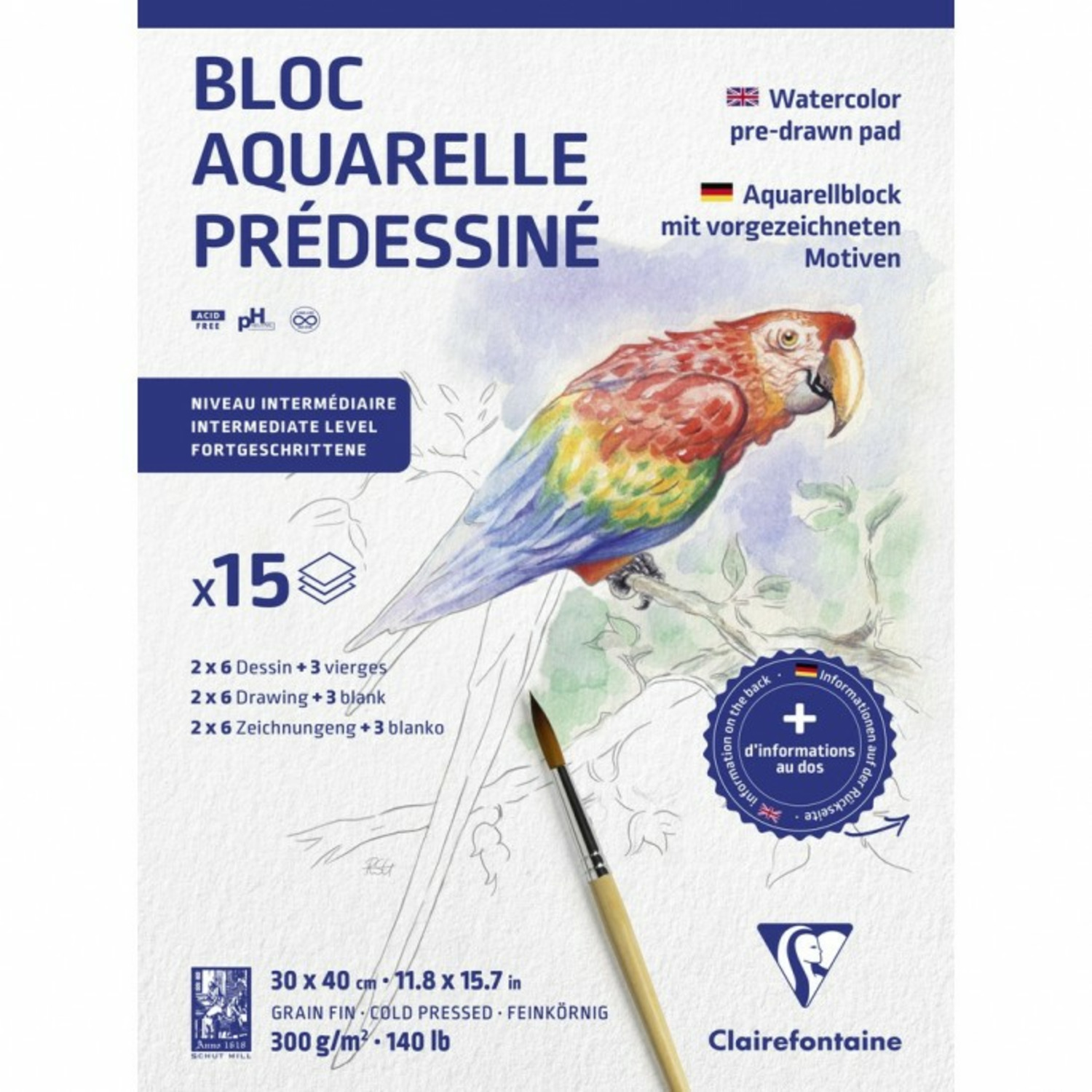 Clairefontaine Voorbedrukt Aquarelpapier Blok 30x40cm 15 vel. 300gr.