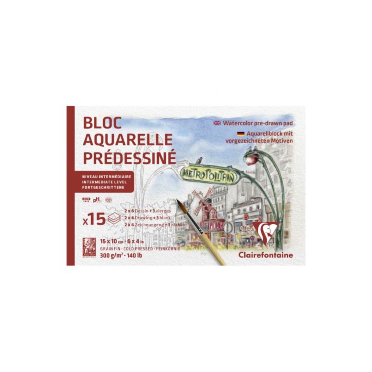 Clairefontaine Voorbedrukt Parijs Aquarelverfkaarten 15 vel. 15x10cm 300gr