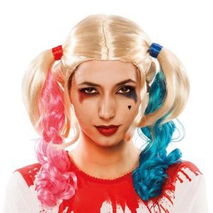 Pruik Harley Quinn blond met staartjes roze/blauw