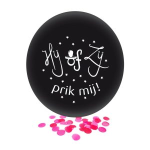 Ballon Hij of Zij zwart met roze confetti 24 inch Per Stuk