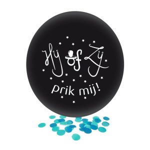 Ballon Hij of Zij zwart met blauwe confetti 24 inch per stuk.