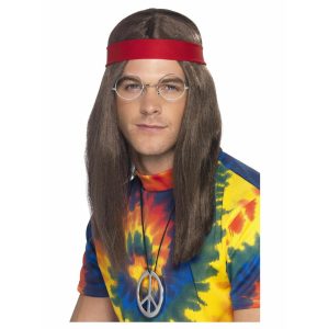 Hippie Man Set Bruin Pruik Bril Peace Ketting & Hoofdband