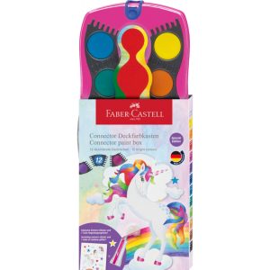 Waterverfdoos Faber-Castell Connector 12 kleuren + 1 tube   regenboog glitter en unicorn stickers