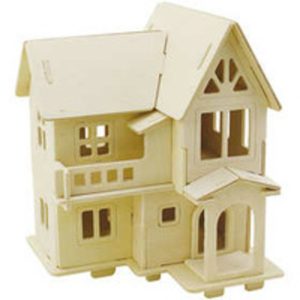 3D Houten miniatuur constructie set, Huis met balkon, afm 15,8×17,5×19,5 , triplex, 1stuk
