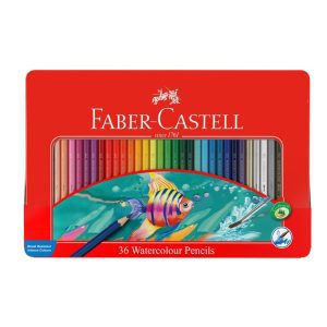 Aquarelpotlodenset Faber Castell met penseel in metalen doos 36 stuks
