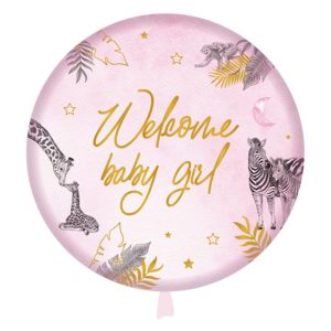 Folie Heliumballon Baby Safari ’Welcome baby girl’ (Ø45cm)